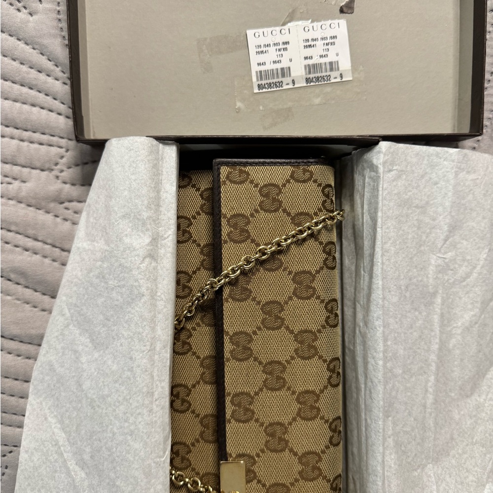 Gucci Brown Monogram Clutch with Gold Chain